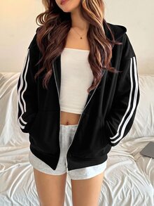 Teen Girls Deep Blue Open Front Hooded Loose Casual Autumn Sweatshirt, Simple Casual, Sports - Black - View 4