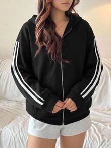 Teen Girls Deep Blue Open Front Hooded Loose Casual Autumn Sweatshirt, Simple Casual, Sports - Black - View 3