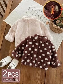 2pcs Baby Girls Pullover Sweaters White Brown Polka Dot Zip Ribbed Long Sleeve Mock Neck Thick Holiday Party Fall Kawaii Casual Cute - Multicolor - View 3