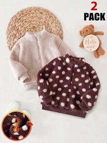 2pcs Baby Girls Pullover Sweaters White Brown Polka Dot Zip Ribbed Long Sleeve Mock Neck Thick Holiday Party Fall Kawaii Casual Cute - Multicolor - View 8