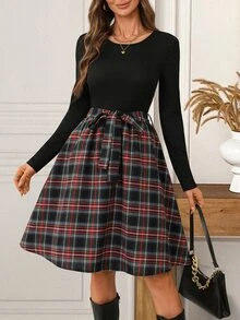 SHEIN LUNE Fall/Winter Dress Christmas Women's Plaid Print Belted Round Neck Long Sleeve Mid-Length Dress Autumn Casual Christmas Dress - Multicolor - View 7