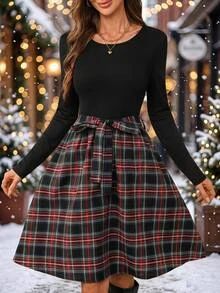SHEIN LUNE Fall/Winter Dress Christmas Women's Plaid Print Belted Round Neck Long Sleeve Mid-Length Dress Autumn Casual Christmas Dress - Multicolor - View 3
