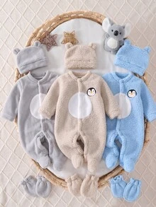 SHEIN Vintaside Kids 1套新生兒圓領長袖上衣與長褲套裝，奶油黃可愛鴨子圖案印花，舒適絨毛休閒秋冬睡衣 - 藍色 - 查看 4