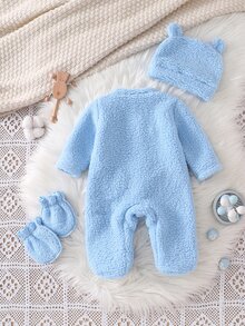 SHEIN Vintaside Kids 1套新生兒圓領長袖上衣與長褲套裝，奶油黃可愛鴨子圖案印花，舒適絨毛休閒秋冬睡衣 - 藍色 - 查看 2