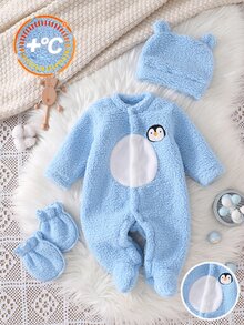 SHEIN Vintaside Kids 1套新生兒圓領長袖上衣與長褲套裝，奶油黃可愛鴨子圖案印花，舒適絨毛休閒秋冬睡衣 - 藍色 - 查看 8