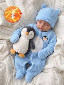 SHEIN Vintaside Kids 1套新生兒圓領長袖上衣與長褲套裝，奶油黃可愛鴨子圖案印花，舒適絨毛休閒秋冬睡衣 - 藍色 - 查看 1