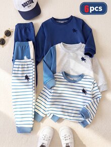 6pcs Toddler Baby Boy Sweatshirt Pants Cute Blue White Striped Long Sleeve Crew Neck Relaxed Fit Cozy Fall Daily Kids Boys Holiday Winter Casual Soft - Multicolor - View 1