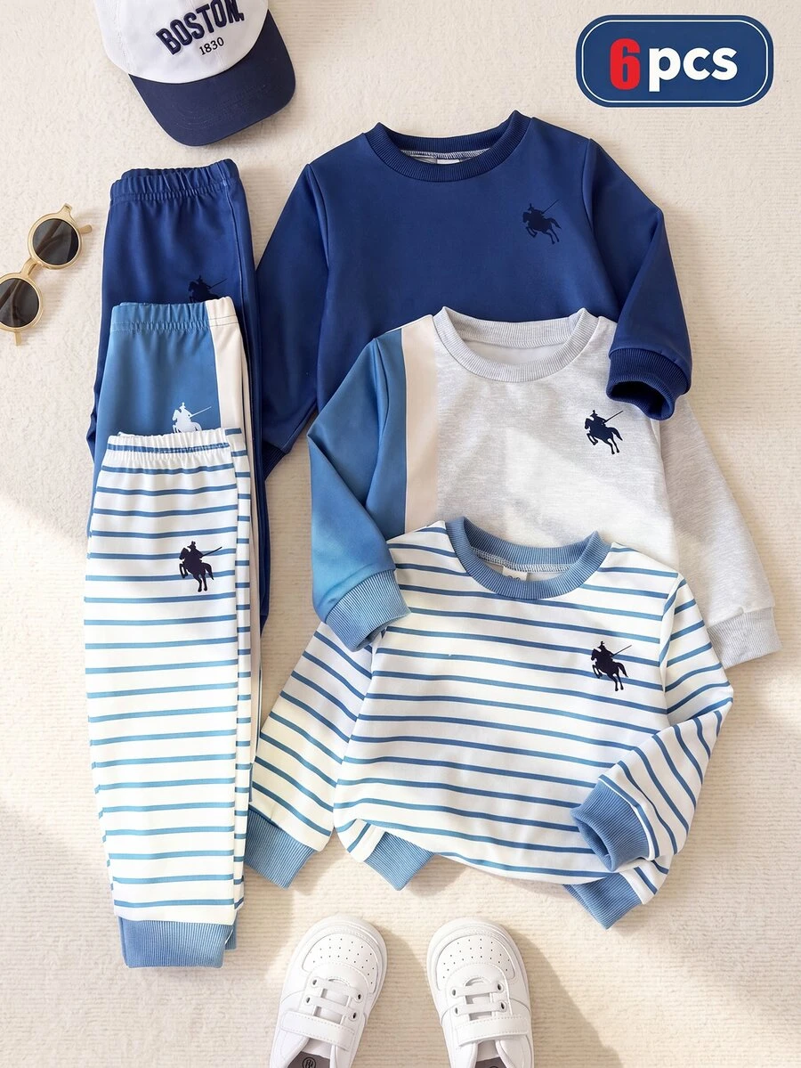 6pcs Toddler Baby Boy Sweatshirt Pants Cute Blue White Striped Long Sleeve Crew Neck Relaxed Fit Cozy Fall Daily Kids Boys Holiday Winter Casual Soft - Multicolor - View 1