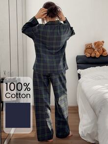 Napfluff Women's Pure Cotton Classic Plaid Print Open Front Lapel Long Sleeve Long Pants Pajama Set - Green - View 2
