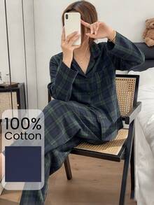 Napfluff Women's Pure Cotton Classic Plaid Print Open Front Lapel Long Sleeve Long Pants Pajama Set - Green - View 6