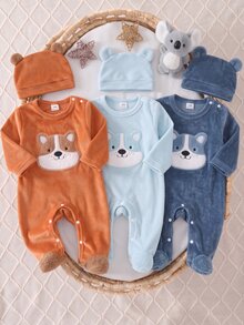 SHEIN Newborn Comfortable Soft Fleece Khaki Puppy Applique Embroidery Round Neck Long Sleeve Footed Jumpsuit With 3D Ear Hat Set - Yellow - View 7