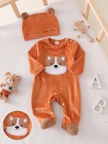SHEIN Newborn Comfortable Soft Fleece Khaki Puppy Applique Embroidery Round Neck Long Sleeve Footed Jumpsuit With 3D Ear Hat Set - Yellow - View 4