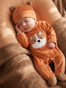 SHEIN Newborn Comfortable Soft Fleece Khaki Puppy Applique Embroidery Round Neck Long Sleeve Footed Jumpsuit With 3D Ear Hat Set - Yellow - View 6
