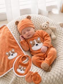 SHEIN Newborn Comfortable Soft Fleece Khaki Puppy Applique Embroidery Round Neck Long Sleeve Footed Jumpsuit With 3D Ear Hat Set - Yellow - View 1