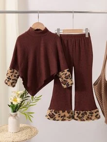 SHEIN Young Girl Leopard Print Patchwork Long Sleeve T-Shirt And Pants Casual Daily Outfit - Brown - View 8