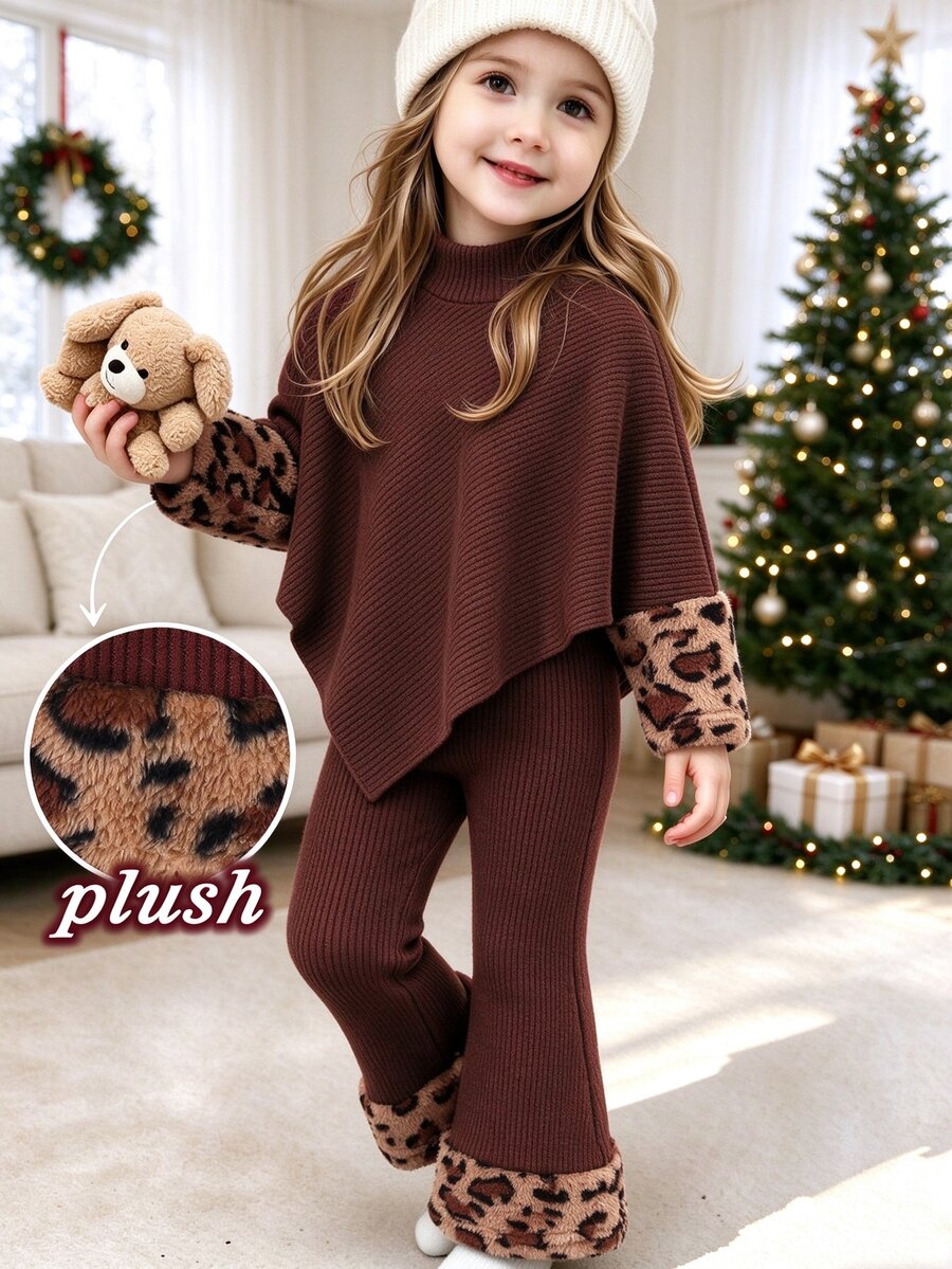 SHEIN Young Girl Leopard Print Patchwork Long Sleeve T-Shirt And Pants Casual Daily Outfit - Brown - View 1