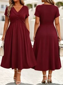 DreamSkyne Plus Size Solid V-Neck Short Sleeve Pocket Casual Long Dress, For Christmas Burgundy Maxi Women Outfit - Burgundy - View 1