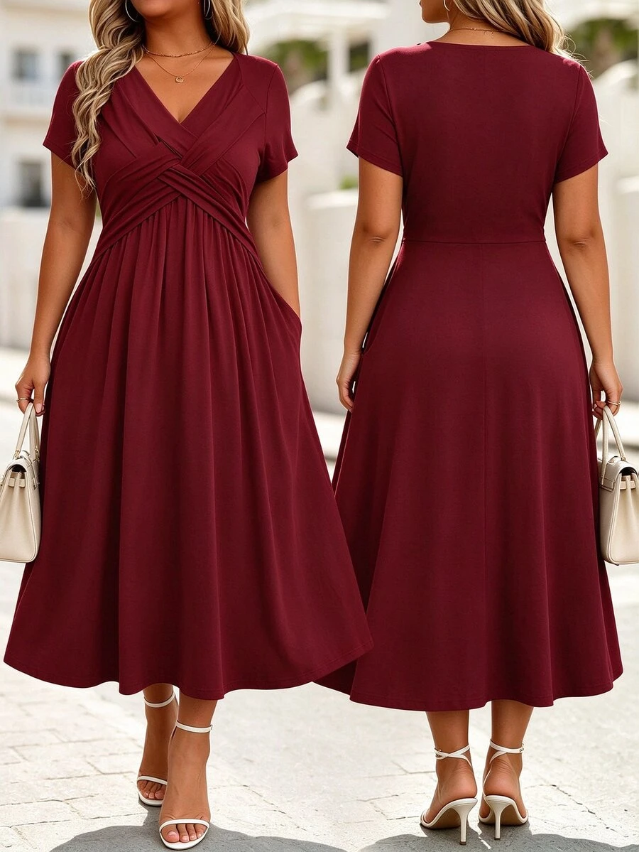 DreamSkyne Plus Size Solid V-Neck Short Sleeve Pocket Casual Long Dress, For Christmas Burgundy Maxi Women Outfit - Burgundy - View 1