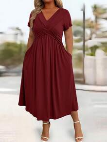 DreamSkyne Plus Size Solid V-Neck Short Sleeve Pocket Casual Long Dress, For Christmas Burgundy Maxi Women Outfit - Burgundy - View 8