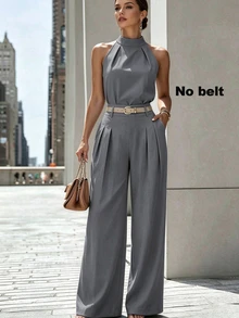 SHEIN Casual Versatile Halter Neck Tank Top And Pleated Pocket Wide Leg Long Pants 2 Pieces Set - Grey - View 1