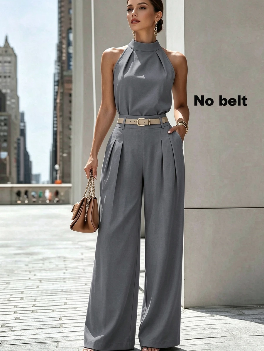 SHEIN Casual Versatile Halter Neck Tank Top And Pleated Pocket Wide Leg Long Pants 2 Pieces Set - Grey - View 1