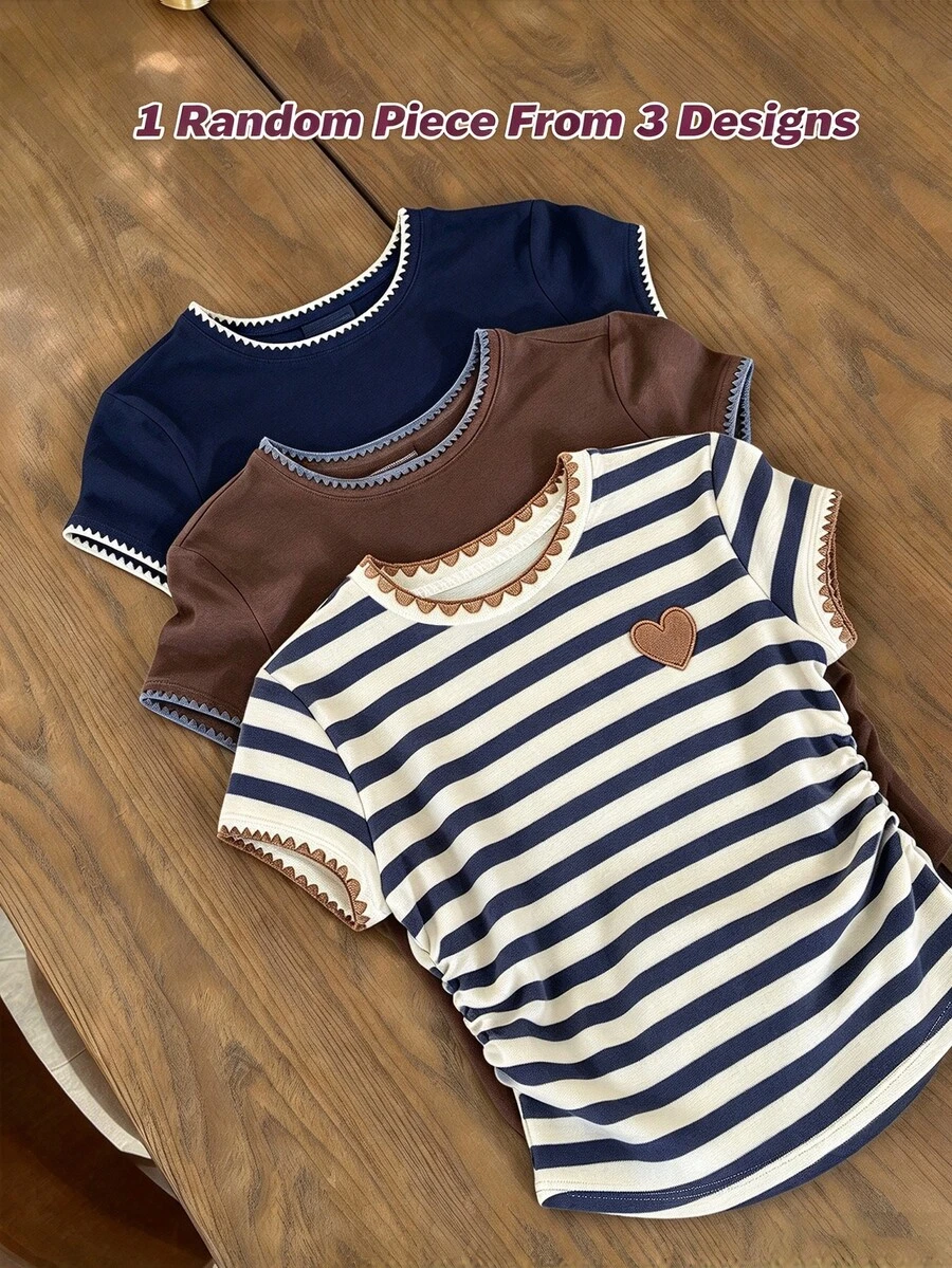 Tween Girls Striped Print Fitted Ruched Waist Round Neck Short Sleeve T-Shirt, Suitable For Summer, Personalized T-Shirt, Fashion Striped, Heart Striped Print T-Shirt, Suitable For Spring And Summer, Casual And Comfortable - Multicolor - View 1
