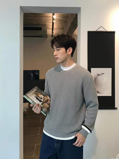 Claim Dot Men's Casual Crew Neck Contrast Color Knitted Pullover Sweater