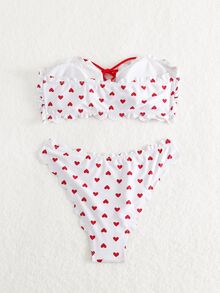 SHEIN Swim Summer Beach Women's Heart Pattern Front Tie Bandeau Bikini Set - White - View 5