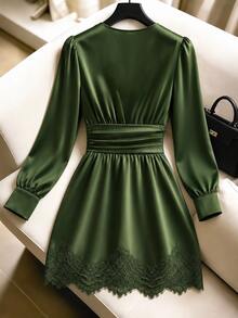 Franclia Elastic Satin Lace Trim V-Neck Sexy Elegant Generous Commute Party Dress - Army Green - View 8