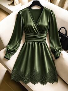 Franclia Elastic Satin Lace Trim V-Neck Sexy Elegant Generous Commute Party Dress - Army Green - View 1