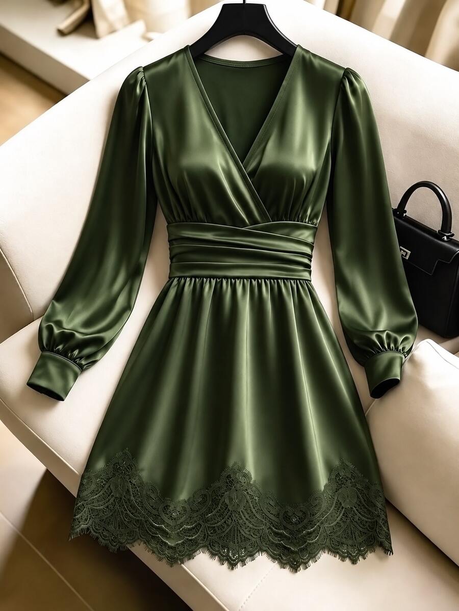 Franclia Elastic Satin Lace Trim V-Neck Sexy Elegant Generous Commute Party Dress - Army Green - View 1