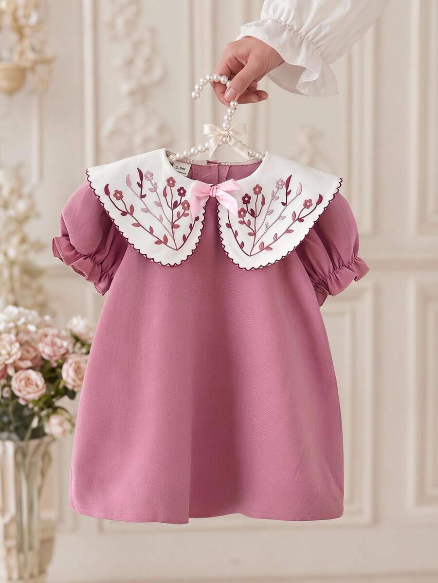 SHEIN 女嬰花卉刺繡拼接彼得潘領短袖泡泡袖可愛仙女洋裝 生日節日粉色夏季
