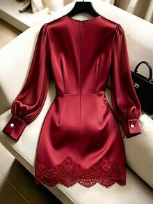 CHARMVALE Women's Short Dress With Small High Neck, Satin Satin Sleeves, Bodycon Hem And Contrast Lace - Burgundy - View 4