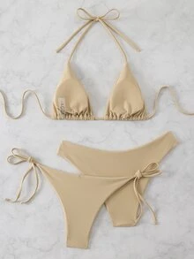 SHEIN Swim Conjunto de 3 piezas de bikini con parte superior hálter con volantes y Bottom minimalista de traje de baño con nudo en la cintura para mujer, playa de verano - Caqui - Ver 2