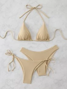 SHEIN Swim Conjunto de 3 piezas de bikini con parte superior hálter con volantes y Bottom minimalista de traje de baño con nudo en la cintura para mujer, playa de verano - Caqui - Ver 5