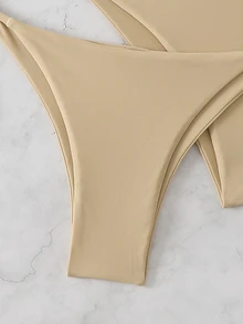 SHEIN Swim Conjunto de 3 piezas de bikini con parte superior hálter con volantes y Bottom minimalista de traje de baño con nudo en la cintura para mujer, playa de verano - Caqui - Ver 4