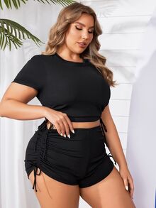 SHEIN Swim Curve 大尺寸女性夏季海灘時尚純色束腰側開叉坦克泳衣套裝 - 黑色 - 查看 3