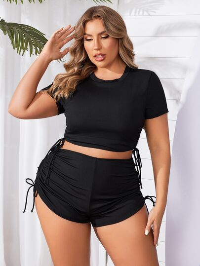 SHEIN Swim Curve 大尺寸女性夏季海灘時尚純色束腰側開叉坦克泳衣套裝