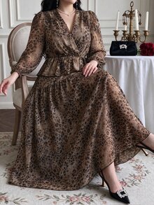 Vibekara Spring, Summer, Vacation, Summer Women Outfit, Elegant Leopard Print Chiffon Fabric Puff Lantern Sleeve V-Neck Ruched Blouse With Elastic Waist Skirt 2 Pieces Set, French Loose Fit - Multicolor - View 1