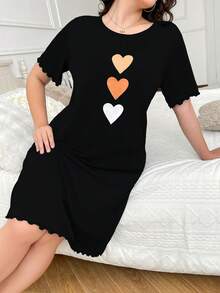 Heart Printed Casual Plus Size T-Shirt Nightgown, Moo Moo Sleep Dress - Black - View 4
