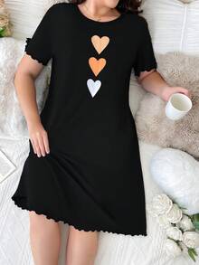 Heart Printed Casual Plus Size T-Shirt Nightgown, Moo Moo Sleep Dress - Black - View 6