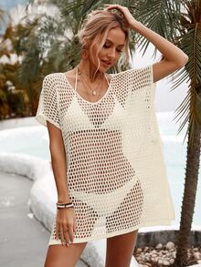 SHEIN Swim Basics Summer Beach Hollow Out Dolman Sleeve Split Hem Cover Up Dress Without Bikini Set - Beige - View 5