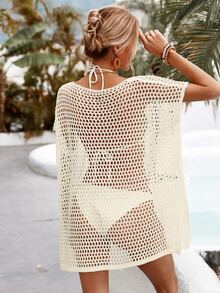 SHEIN Swim Basics Summer Beach Hollow Out Dolman Sleeve Split Hem Cover Up Dress Without Bikini Set - Beige - View 3