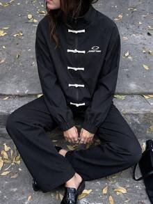 Dewbera Dewbera Autumn New Chinese Style Mandarin Collar Striped Sports Jacket - Black - View 5