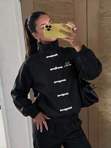 Dewbera Dewbera Autumn New Chinese Style Mandarin Collar Striped Sports Jacket - Black - View 6