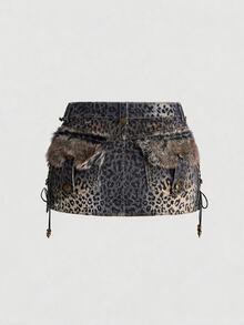 ROMWE Grunge Punk Y2K Autumn/Winter Vintage Retro Millennium Hot Girl Leopard Print Pocket Patchwork Fuzzy Drawstring Design Fitted Mini Bodycon Sexy Skirt (Includes Leggings) - Black - View 1
