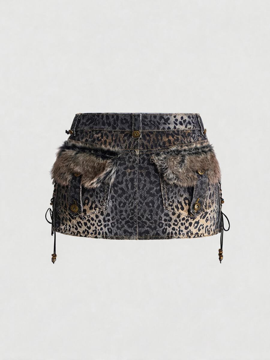 ROMWE Grunge Punk Y2K Autumn/Winter Vintage Retro Millennium Hot Girl Leopard Print Pocket Patchwork Fuzzy Drawstring Design Fitted Mini Bodycon Sexy Skirt (Includes Leggings) - Black - View 1