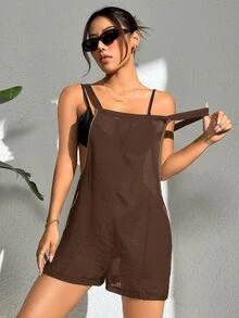 SHEIN Swim Basics 女士纯色口袋连体衣 - 棕色 - 查看 6