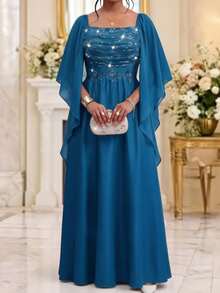 Fleurora Plus Size Women Square Neck Lace Sequin Patchwork Ribbon Blue Evening Dress Cocktail Dinner Fall Elegant Romantic Formal Wedding - Teal Blue - View 4