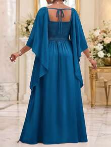 Fleurora Plus Size Women Square Neck Lace Sequin Patchwork Ribbon Blue Evening Dress Cocktail Dinner Fall Elegant Romantic Formal Wedding - Teal Blue - View 3